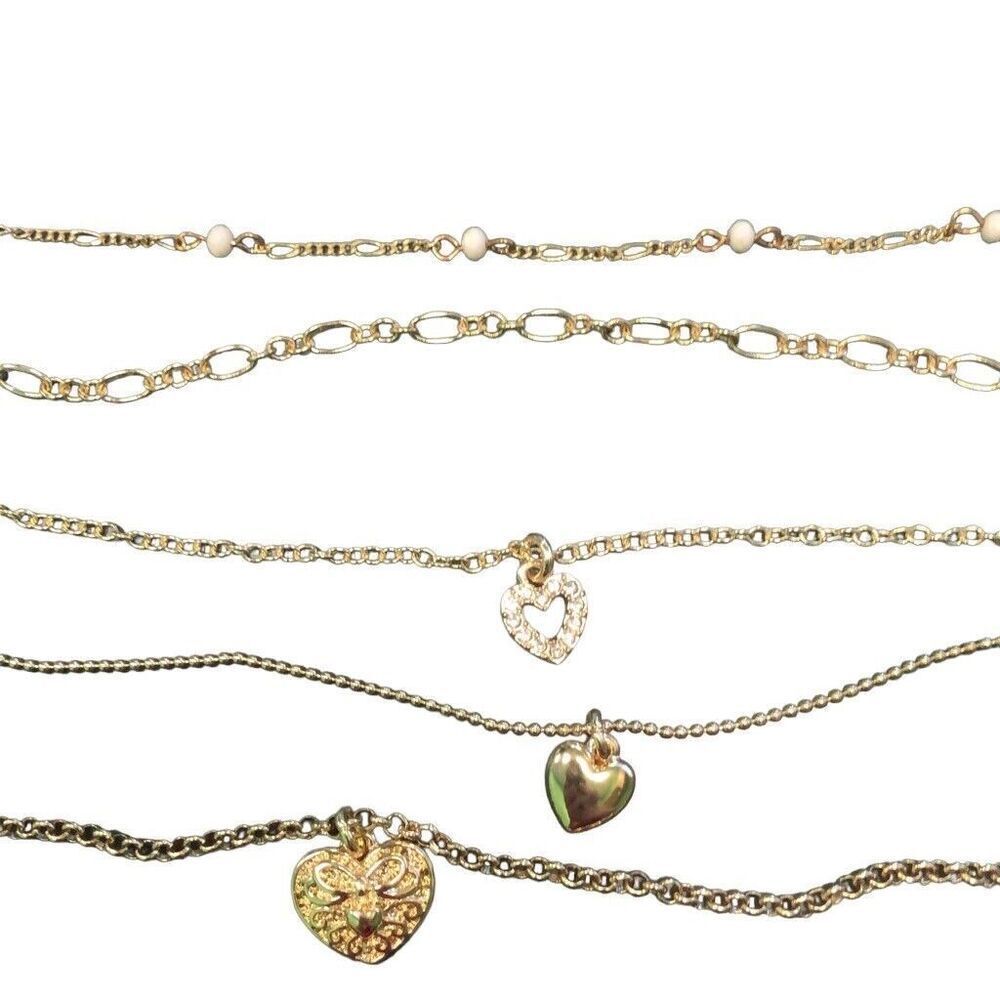 Wild Fable Set of 5 Delicate Gold Tone Necklaces Heart Charm Crystal Pearls New - Picture 5 of 7
